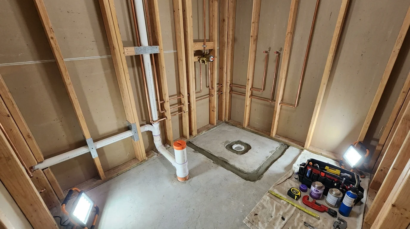Bathroom rough-in plumbing during remodel by Johns Plumbing LLC in Inez