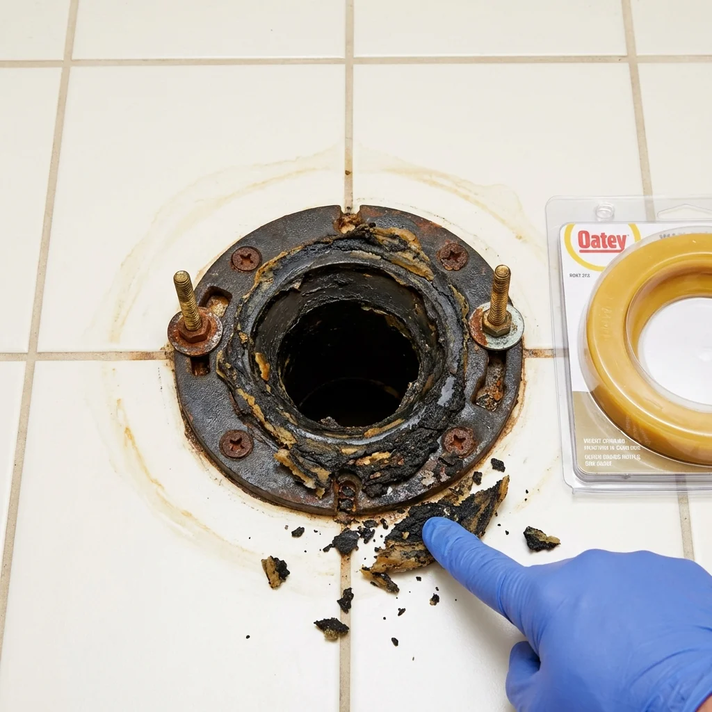 Failed wax ring showing water seepage at the base of a toilet in a Inez, TX home