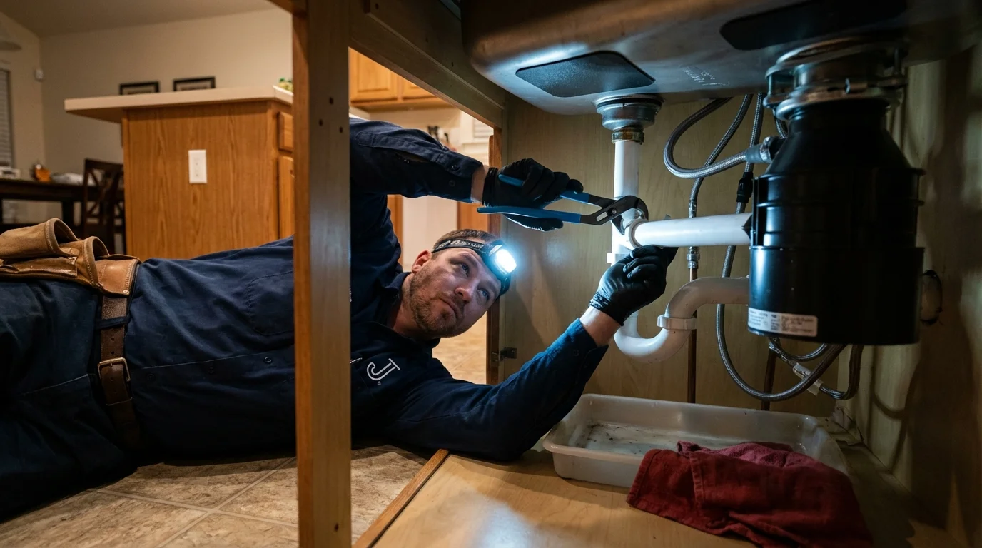 P-trap and supply line connections under a kitchen sink showing a common leak point in Inez, TX